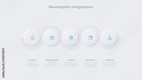 Five neumorphic circles arranged in horizontal row with a curved line. Concept of 5 steps of business development process.