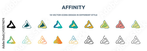 affinity icon in 18 different styles such as thin line, thick line, two color, glyph, colorful, lineal color, detailed, stroke and gradient. set of affinity vector for web, mobile, ui