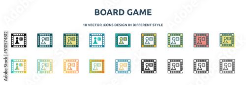 board game icon in 18 different styles such as thin line, thick line, two color, glyph, colorful, lineal color, detailed, stroke and gradient. set of board game vector for web, mobile, ui
