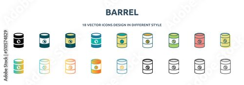 barrel icon in 18 different styles such as thin line, thick line, two color, glyph, colorful, lineal color, detailed, stroke and gradient. set of barrel vector for web, mobile, ui