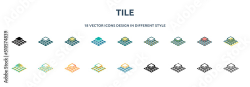tile icon in 18 different styles such as thin line, thick line, two color, glyph, colorful, lineal color, detailed, stroke and gradient. set of tile vector for web, mobile, ui
