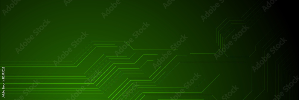 Dark green circuit board chip lines tech background. Technology vector banner design