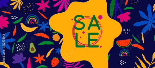 Summer sale website banner. Sale tag. Sale promotional material vector illustration. Design for ad, social media banner, brochure, email, flyer, leaflet, newsletter, placard, poster, web sticker 