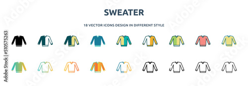 sweater icon in 18 different styles such as thin line, thick line, two color, glyph, colorful, lineal color, detailed, stroke and gradient. set of sweater vector for web, mobile, ui