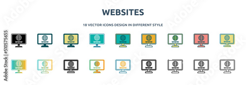 websites icon in 18 different styles such as thin line, thick line, two color, glyph, colorful, lineal color, detailed, stroke and gradient. set of websites vector for web, mobile, ui