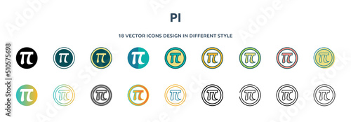 pi icon in 18 different styles such as thin line, thick line, two color, glyph, colorful, lineal color, detailed, stroke and gradient. set of pi vector for web, mobile, ui