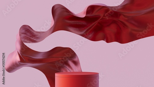 3d mockup podium with flying cloth. Illustration in trendy red colors. Background for product and cosmetics presentation.
