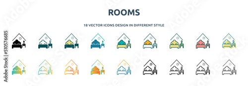 rooms icon in 18 different styles such as thin line, thick line, two color, glyph, colorful, lineal color, detailed, stroke and gradient. set of rooms vector for web, mobile, ui