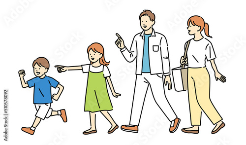 家族で外出するイラスト素材：元気なこどもたちとそれを見守る若い夫婦