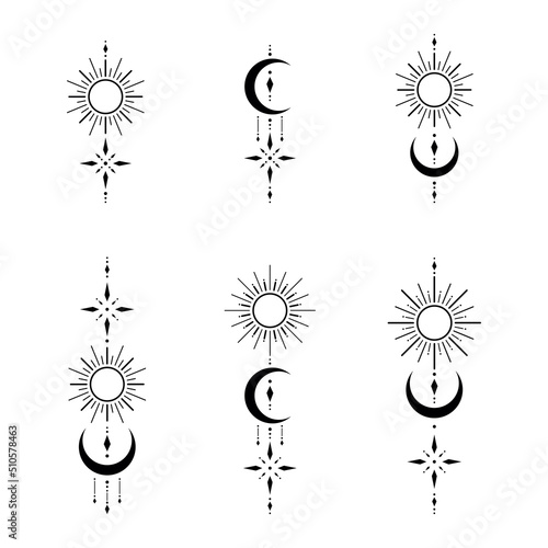Set of blackwork tattoo with sun, moon, star. Sacred geometry tattoo design, mystic symbol. New school dotwork, line art minimalist style tattoo. Boho design. Print, posters, t-shirts and textiles.
