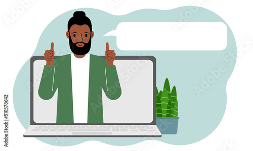 User reviews. Laptop with a man with thumbs up. Customer Review, Online Review, Star Rating, Feedback. Rating bubble.