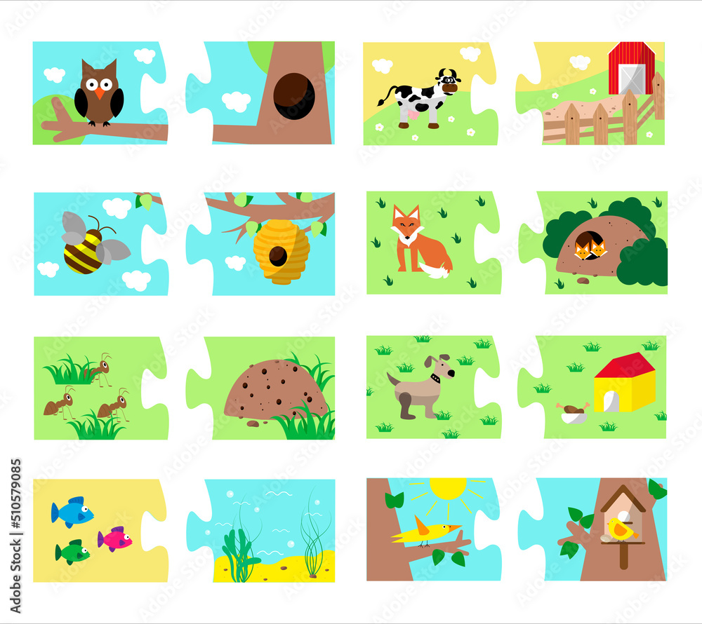 Obraz premium Where animals live. puzzle for preschoolers. Connect two halves. Fox and burrow, birds and birdhouses, fish and sea. cow and barn. Children's game