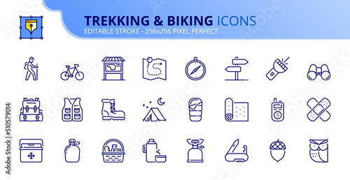 Simple set of outline icons about trekking and biking.