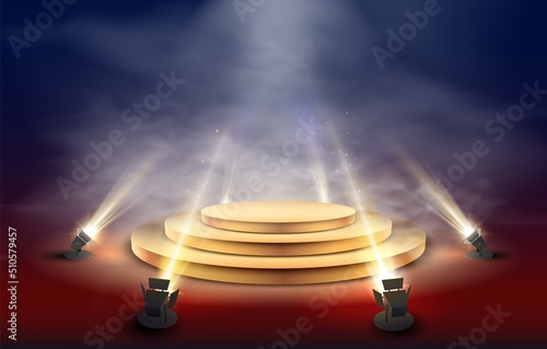 Podium with lighting. Scene with for award ceremony on dark background. Platform illuminated by spotlights.Vector illustration. Empty pedestal.