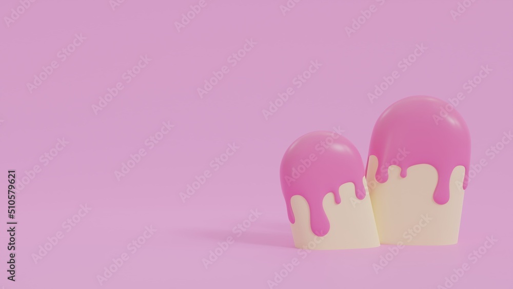 Cute abstract pink ice cream with yellow dripping isolated on pink background. Minimal cartoon summer sweets concept. 3d rendering illustration.