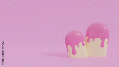 Cute abstract pink ice cream with yellow dripping isolated on pink background. Minimal cartoon summer sweets concept. 3d rendering illustration.