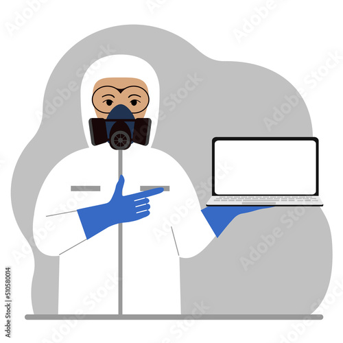 A man in a yellow radiation protective suit and a helmet with a respirator, chemical or biological safety uniform. Holds a laptop. Vector