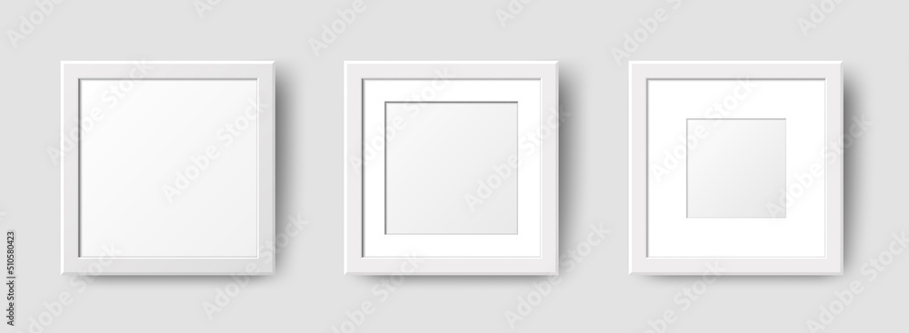 Realistic Square Empty Wall Photo Frames set. Vector white picture frame mockup template with shadow on gray background. Mockup for poster, banner, photo gallery, painting, presentation Realistic Square Empty Wall Photo Frames set. Vector white picture frame mockup template with shadow on gray background. Mockup for poster, banner, photo gallery, painting, presentation
