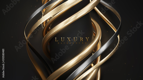 Black luxury background with golden curve elements and glitter light effect decoration.
