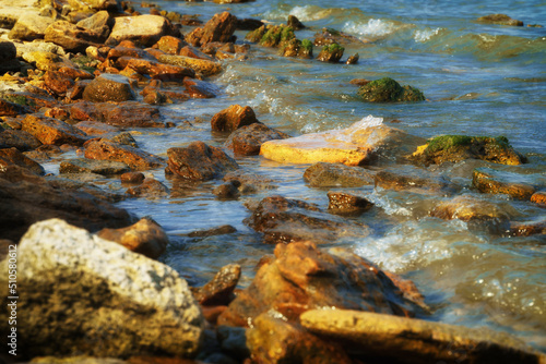 beautiful summer seascape  seashore on a bright day  stones and splashes of waves