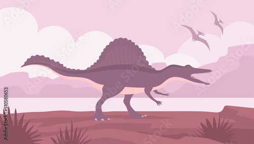 Spinosaurus predatory dinosaur hunter of the Jurassic period. Fin plate on the back. Prehistoric pangolin animal. Vector cartoon illustration. Wild nature background © Mikhail Ognev