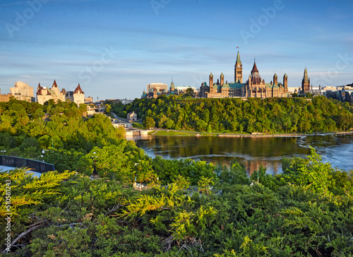 Aerial view of the skyline of Center Block and cityscape of Parliament Hill in Ottawa, Canada, at sunset