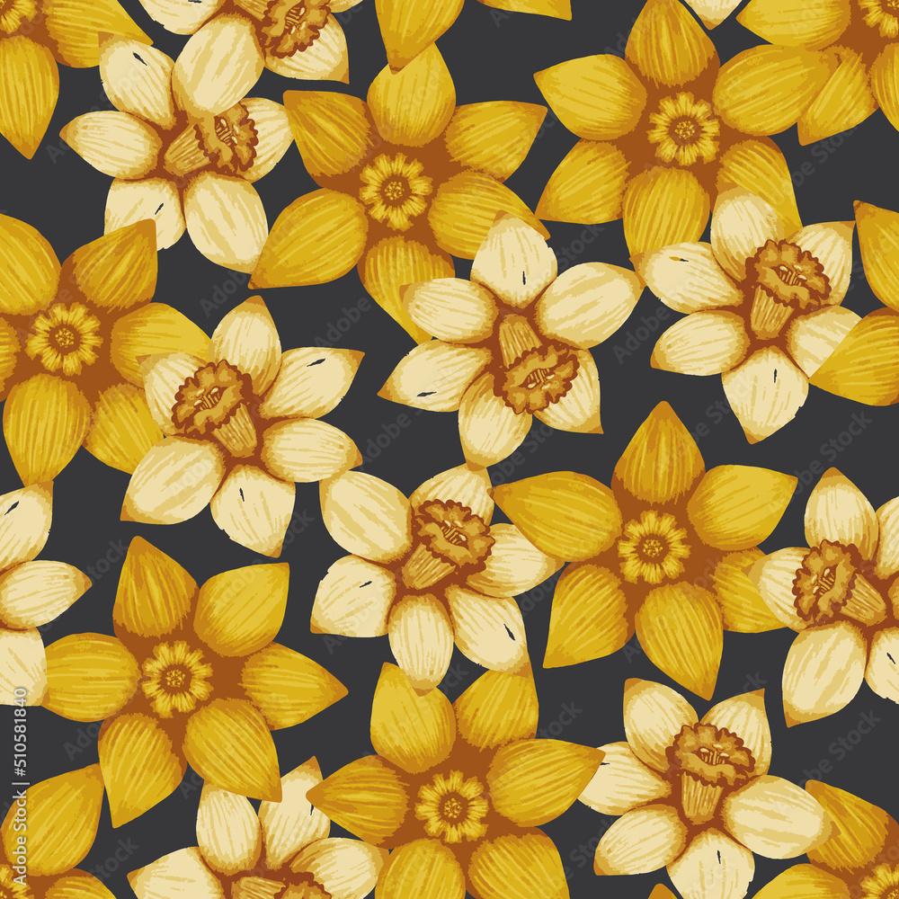 Daffodils Head on Black Background Vector Seamless Pattern Daffodils Head on Black Background Vector Seamless Pattern
