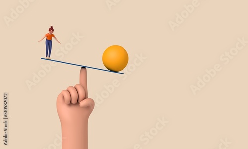 Character balancing on an unstable seesaw. 3D Rendering photo