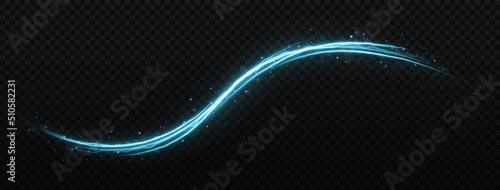 Blue sparkle waves with light effect isolated on transparent background. Shimmering magic dust particles. Glittering bright dust trail.