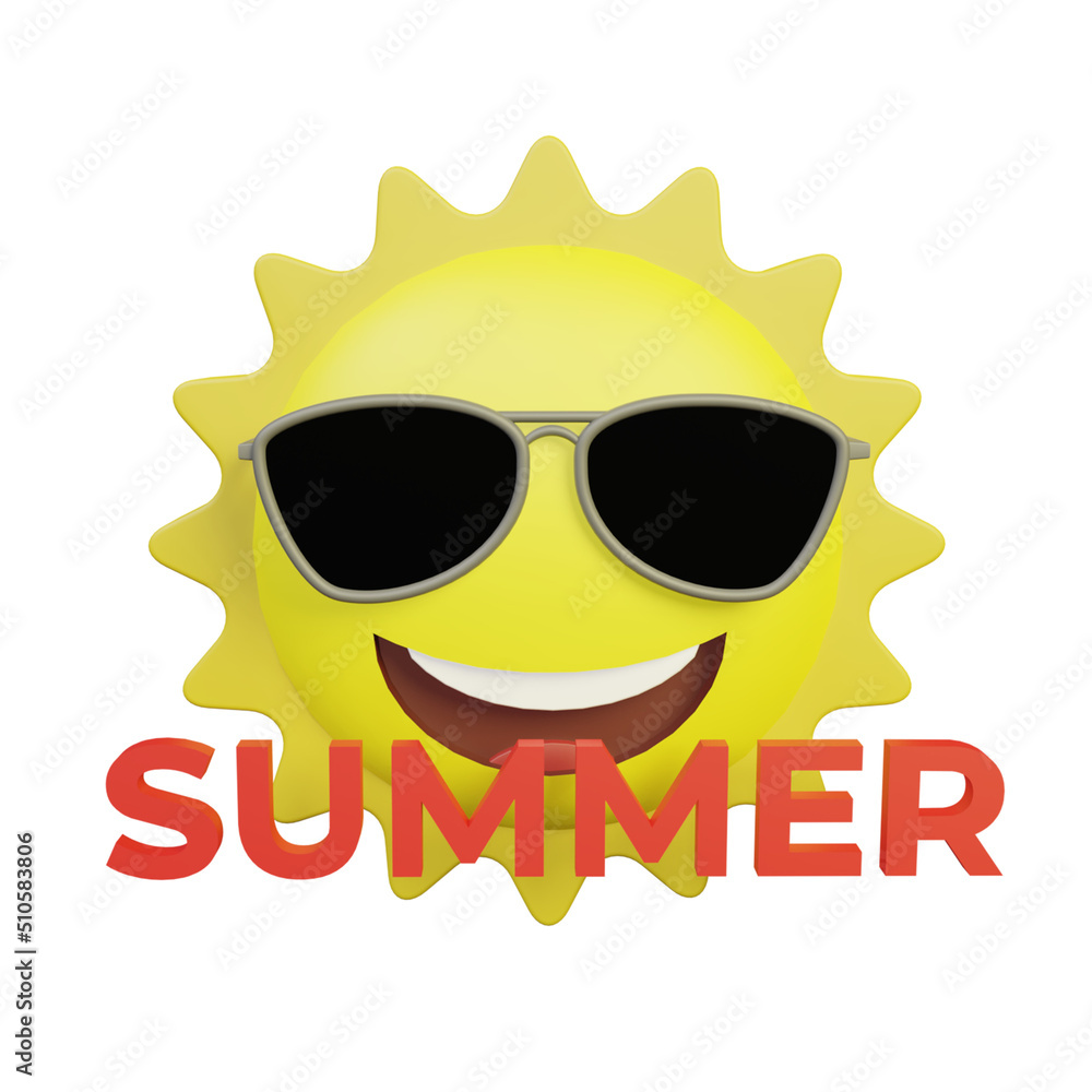 Happy smiling Sun emoji with sunglasses. Summer icon, hot weather 3D render illustration