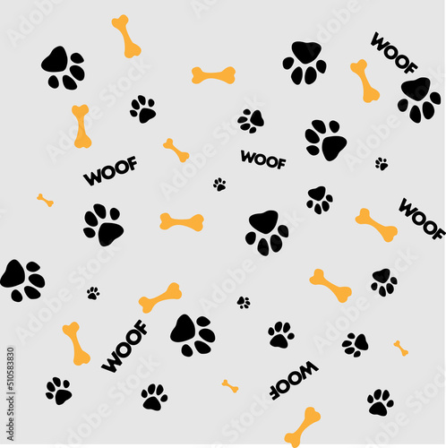 Pets paw pattern. Animal footsteps, bones, woof