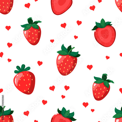 Fototapeta Naklejka Na Ścianę i Meble -  Vector seamless pattern with delicious strawberries. Illustration with juicy berries on a white background. Whole berries and cut berries.