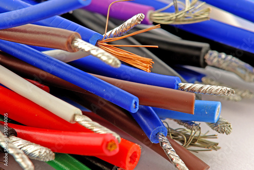 Copper wires in color insulation close-up.