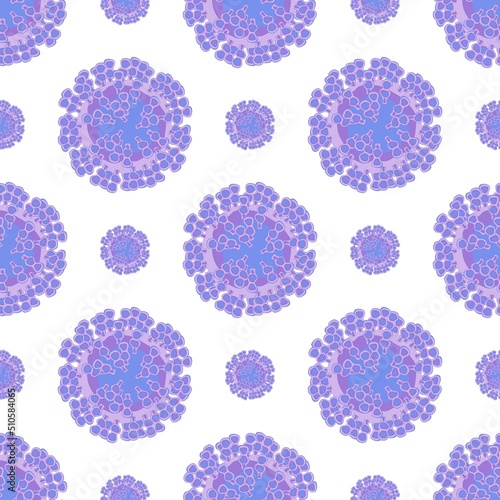 Purple virus cells on white background seamless pattern. Monkeypox virus background. Vector illustration.