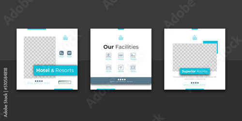 hotel and resorts social media post desgin template 