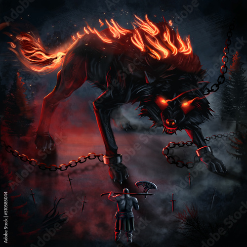 A giant black fire wolf with flaming eyes, a fiery mane and tail glares furiously at the one-armed warrior with an ax on his shoulder