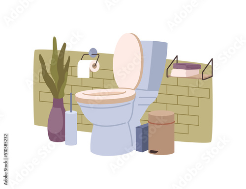 Toilet room interior design in flat cartoon style. Vector illustration of furnished home or hotel WC closet, paper and waist bin, cleaning brush and flowerpot with green leaf plant decoration