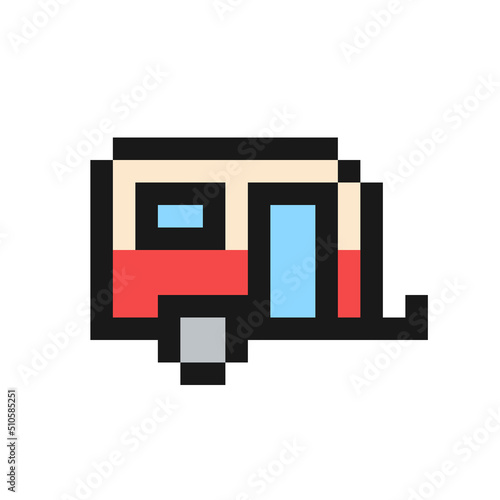 Caravan car trailer icon in pixel art design isolated on white background, camper vector sign symbol