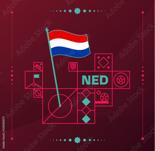 netherlands world football tournament 2022 vector wavy flag pinned to a soccer field with design elements. World Cup Qatar football 2022 tournament final stage. Non Official championship colors 