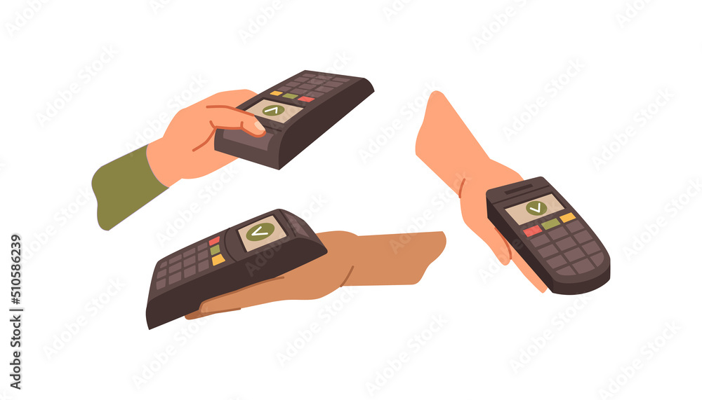 Cashless and wireless system of banking, payment and transactions. Terminals in hands with NFC function, device making checks and bills for clients. Vector in flat style illustration Cashless and wireless system of banking, payment and transactions. Terminals in hands with NFC function, device making checks and bills for clients. Vector in flat style illustration