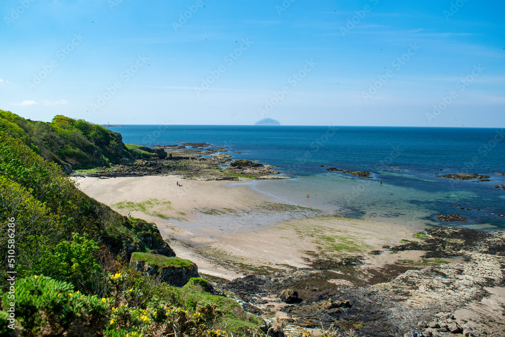 Sandy beach at Culzean Country Park in Ayrshire, Scotland, UK. View of Ailsa Craig in distance.