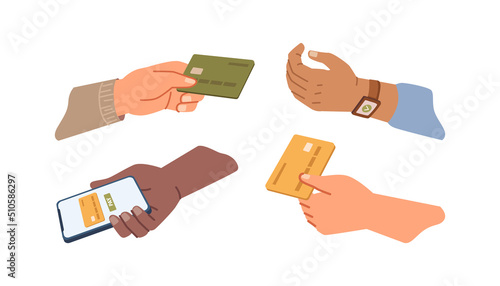 Paying with smartphone or watch with NFC function, isolated credit card in hands of clients. Contactless and cashless methods of payment in stores. Vector in flat style illustration