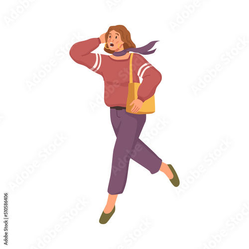 Woman hurrying up, touching head being late for work or classes. Student or worker carrying bag, elegant lady businessman running late, busy girl. Flat cartoon character, vector illustration