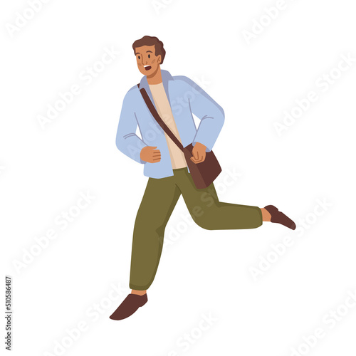 Employee or student being late for work or university classes. Isolated man with bag on shoulders, moving fast and quickly, rushing and hurrying. Flat cartoon character, vector illustration
