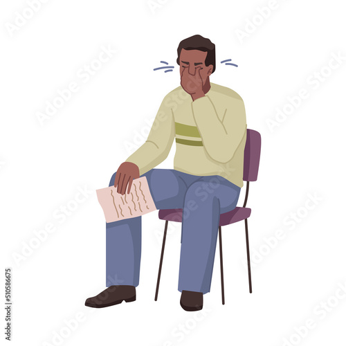 Male personage reading letter and crying, upset or depressed person with bad news. Stunned or stressed man sitting on chair and thinking on troubles. Flat cartoon character, vector illustration