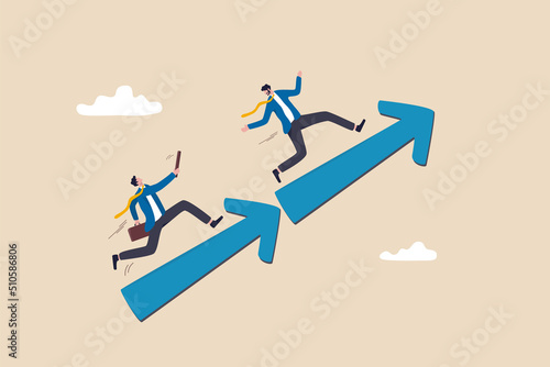 Partnership or teamwork for business success, growth or team achievement, cooperation or team collaborate, togetherness concept, trusted businessman relay baton pass to coworker on growing arrow.