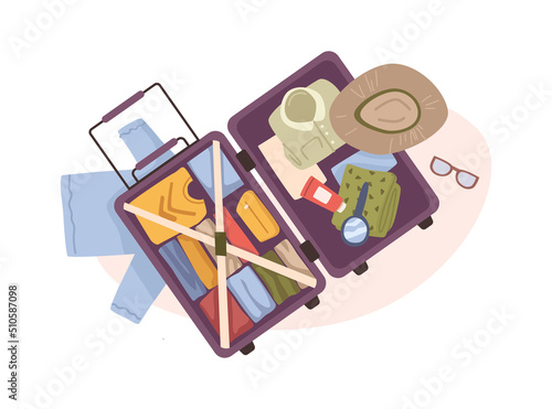 Luggage for traveling, isolated bag with personal belonging, clothing and accessories, cosmetics and hygiene lotions. Stuff for rest on vacation, packed baggage. Vector in flat style