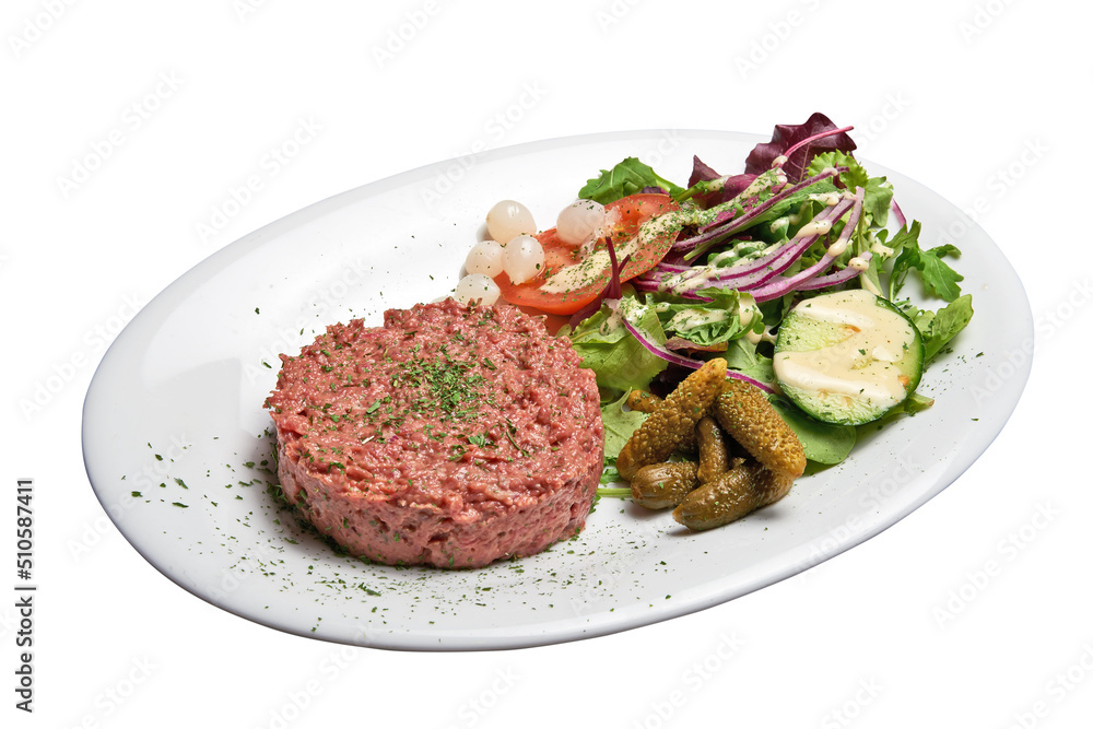 White plate with American beef Tartar isolated White plate with American beef Tartar isolated