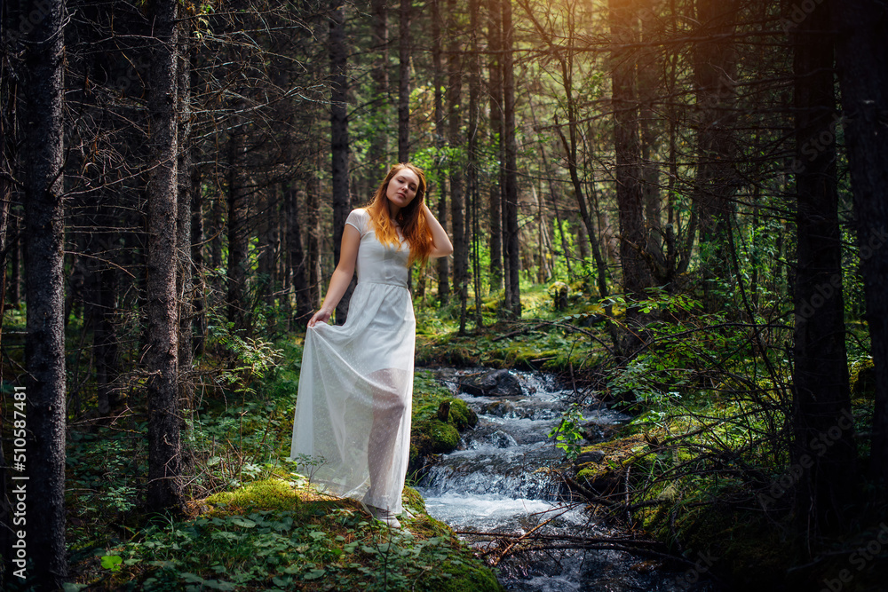 Young beautiful woman in white dress near icy stream on evergreen trees background in natural sunlight. Romantic nymph in summer forest. Young beautiful woman in white dress near icy stream on evergreen trees background in natural sunlight. Romantic nymph in summer forest.