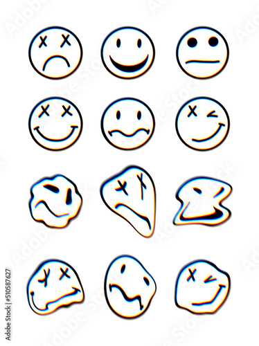 Psychedelic glitch stickers set. Smile emoji melt faces. Liquid Smiley trippy face, crazy cartoon character. Groovy Vector distorted neon glitch style illustration.